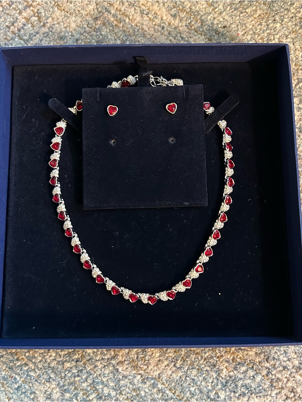 Swarovski Silver Necklace and Studs with Red Heart Crystals - Picture 2 of 4
